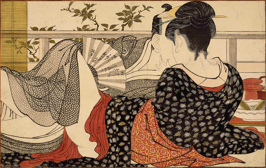 Amoureux dans la chambre à l'étage de Kitagawa Utamaro conservé au British Museum de Londres (1788).