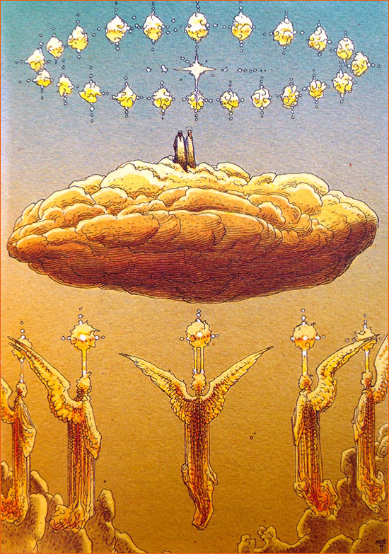 Dessin de Mœbius illustrant le Chant XII du Paradis de La divine comédie de Dante selon Gustave Doré.