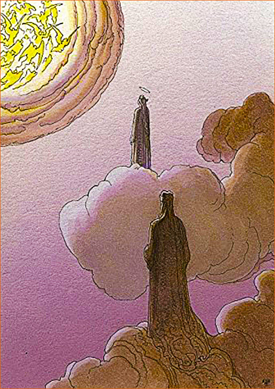 Dessin de Mœbius illustrant le Chant XIV du Paradis de La divine comédie de Dante selon Gustave Doré.