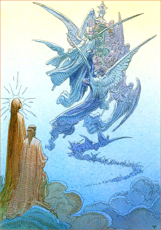 Dessin de Mœbius illustrant le Chant XVIII du Paradis de La divine comédie de Dante selon Gustave Doré.