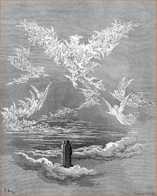 Gravure de Gustave Doré illustrant le Chant XIX du Paradis de La divine comédie de Dante.