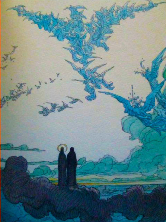 Dessin de Mœbius illustrant le Chant XIX du Paradis de La divine comédie de Dante selon Gustave Doré.