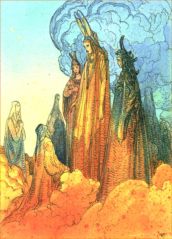 Dessin de Mœbius illustrant le Chant III du Paradis de La divine comédie de Dante selon Gustave Doré.