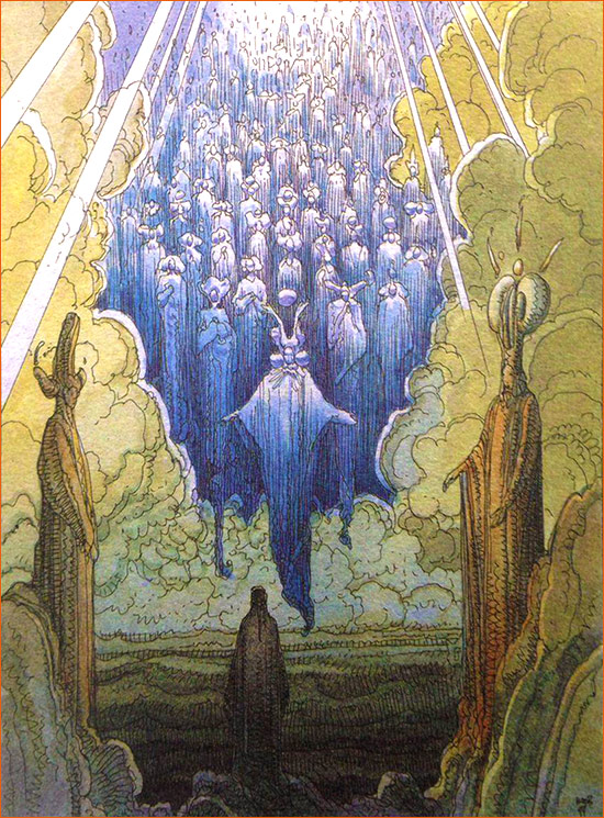 Dessin de Mœbius illustrant le Chant V du Paradis de La divine comédie de Dante selon Gustave Doré.