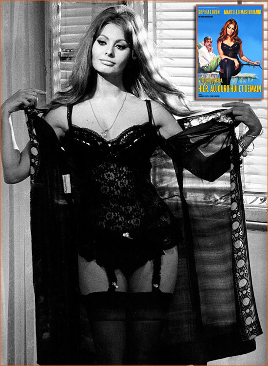 Photographie de Sophia Loren sur le tournage de Hier, aujourd'hui et demain de Vittorio De Sica (1964).