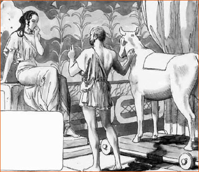 Dédale montrant la génisse de bois à Pasiphaé selon Milo Manara